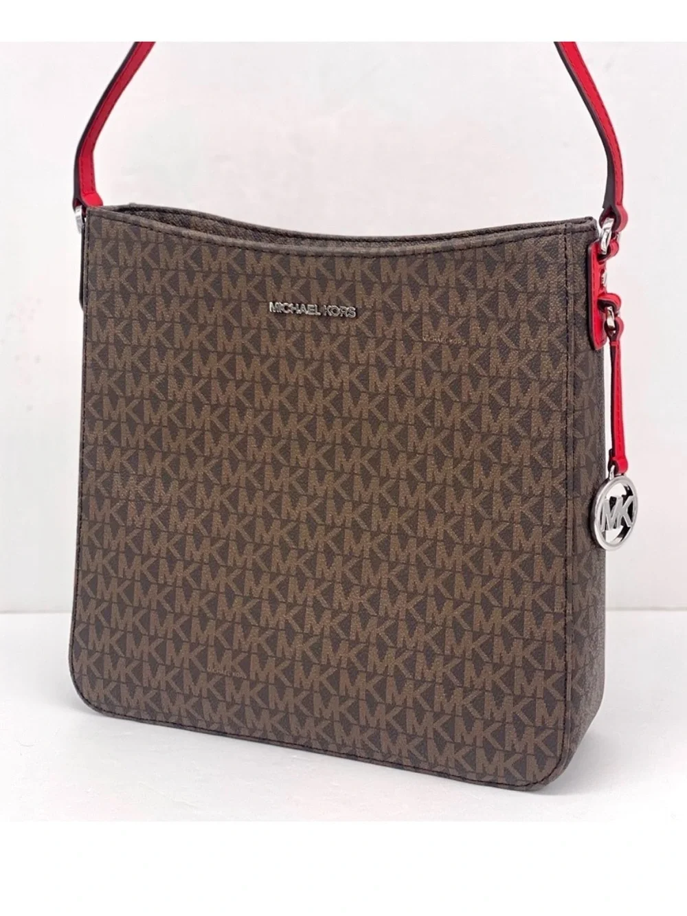 Michael Kors Brown Monogram Crossbody with Red Strap